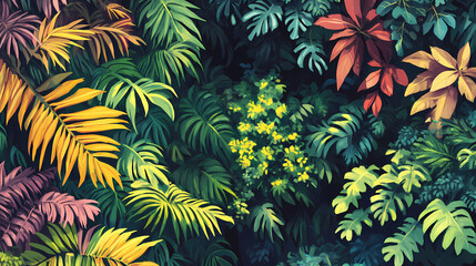 Breathtaking tree canopy with lush shrubs and colorful foliage in a healthy ecosystem. Arcadia. Illustration