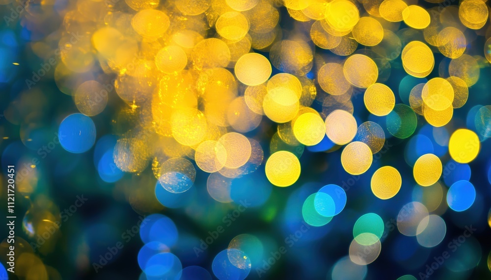 Poster bright and cheerful bokeh background with white and yellow accents, pops of blue and green. ample sp
