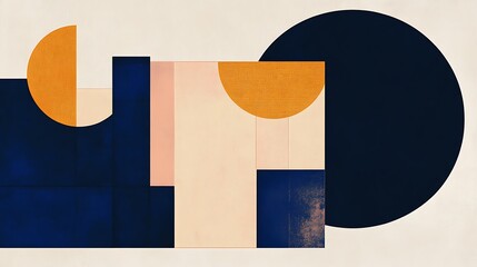 Abstract art in navy, beige, and gold. Geometric shapes create a modern and minimalist aesthetic.