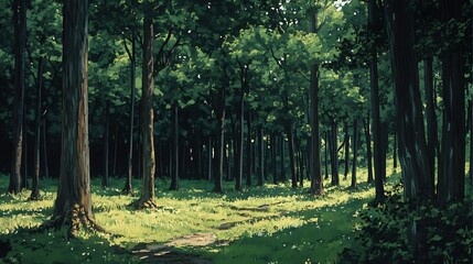 Fototapeta premium Sunlit path meanders through a lush green forest, creating a tranquil and serene atmosphere.