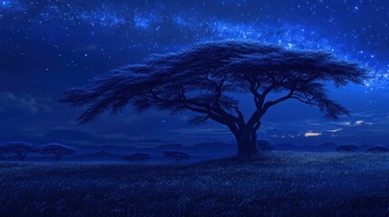 Vast savanna under star-filled night, majestic acacia trees silhouetted by celestial glow, soft whispers of distant animals, tranquil yet powerful reminder of earth primal beauty and untamed majesty