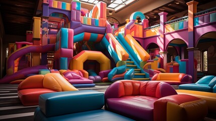 Indoor inflatable playground featuring cheerful slides and soft bouncy platforms for energetic kids� play.