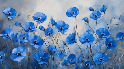 Vibrant blue poppies in a dreamy field.