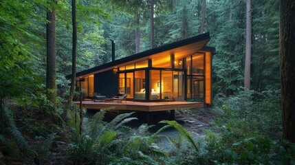 Modern cabin nestled in lush forest at night, illuminated interior visible.