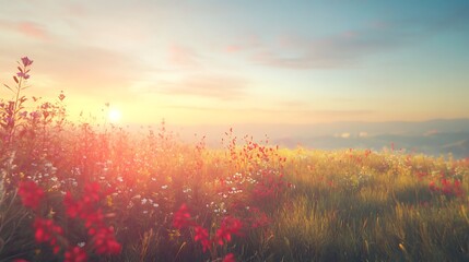 Serene sunrise over a field of wildflowers. Warm, golden light bathes the landscape.