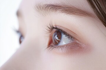 Obraz premium Stunning close-up of a Japanese woman: striking brown eyes, delicate skin, and a unique mole against a minimalist backdrop