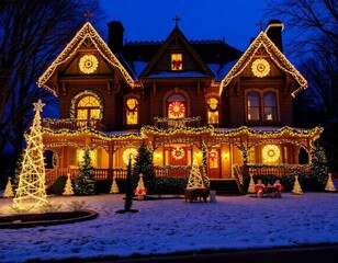 Fototapeta premium Cozy Holiday Cabin with Garland and Lights