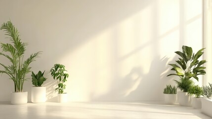 Fototapeta premium A modern nursery room featuring a white cot, soft green plants, and an empty wall for decor, captured in a 3D render showcasing a minimalist