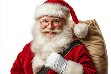 Santa Claus with Bag, On the Run to Deliver Christmas Gifts, Isolated on White Background
