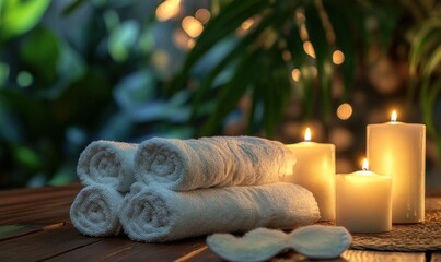 Relaxing spa setting with candles, towels, and greenery