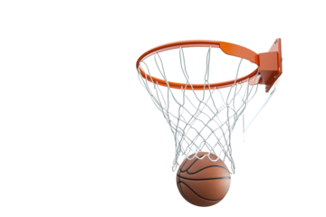 A basketball is in a net, with the net being orange. on transparent background.