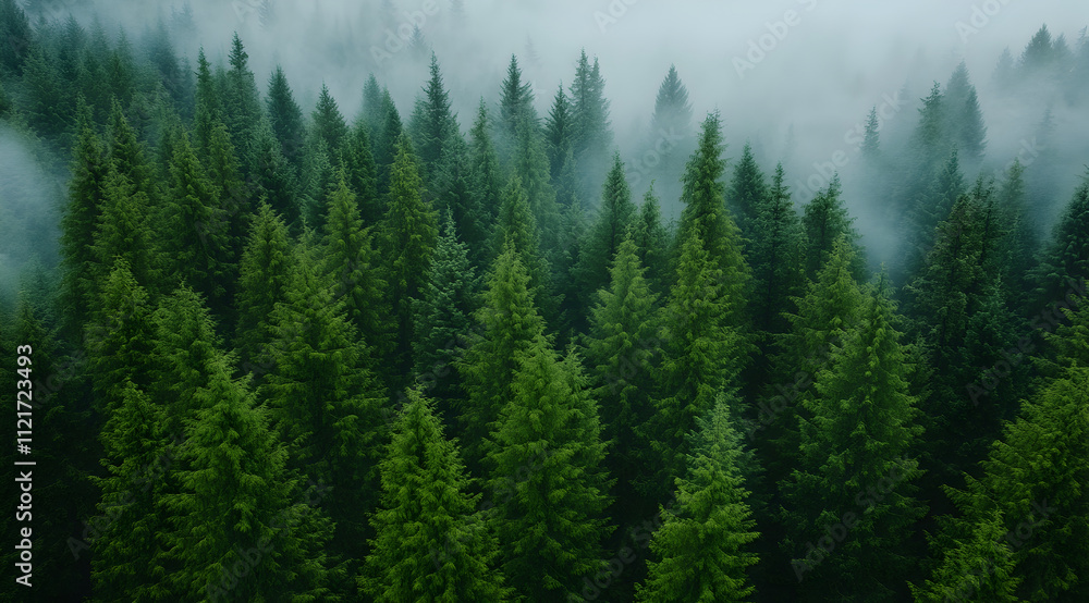 Poster lush green coniferous forest shrouded in mist, creating a serene and tranquil atmosphere that embodi