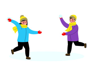 Happy boy and girl playing snowballs, Fun winter games. Vector illustrations on a white background, flat.