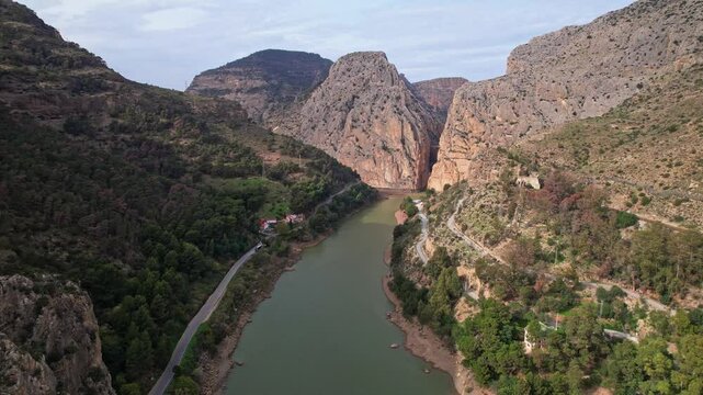Caminito del Rey aerial views of a majestic canyon in spanish mountains of Andalusia Spain