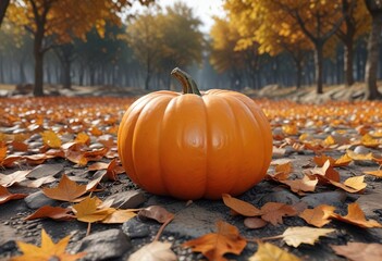 Big, bright orange pumpkin placed in the middle of an empty landscape with fallen autumn leaves surrounding it , autumn pumpkins, outdoorsy feel , empty landscape