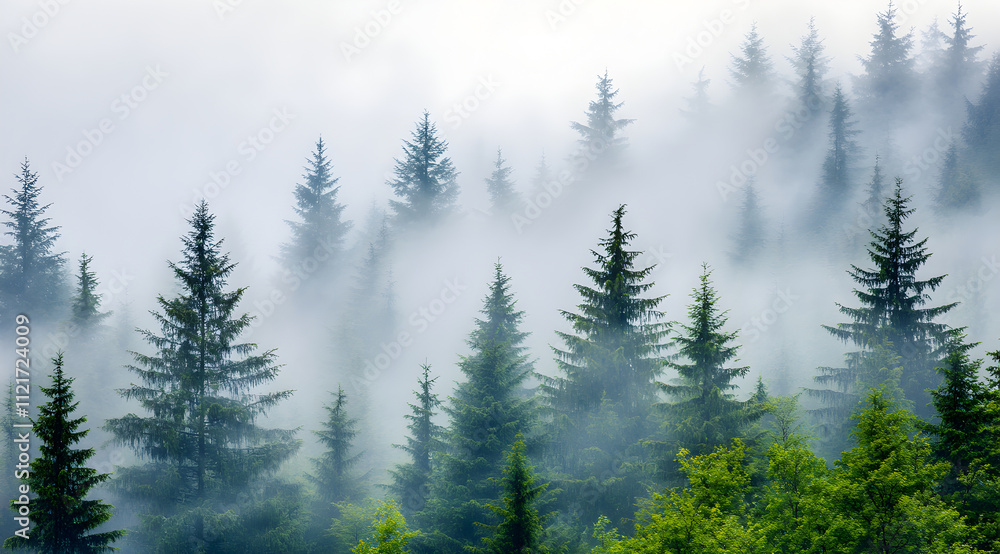 Poster a serene forest scene shrouded in mist, with tall evergreen trees emerging from the fog, creating a 