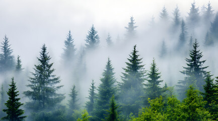 Fototapeta premium A serene forest scene shrouded in mist, with tall evergreen trees emerging from the fog, creating a tranquil and mysterious atmosphere.