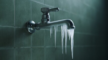 Frozen Faucet in Winter - A silver faucet with icicles hanging from it, showcasing the impact of freezing temperatures in an indoor setting.