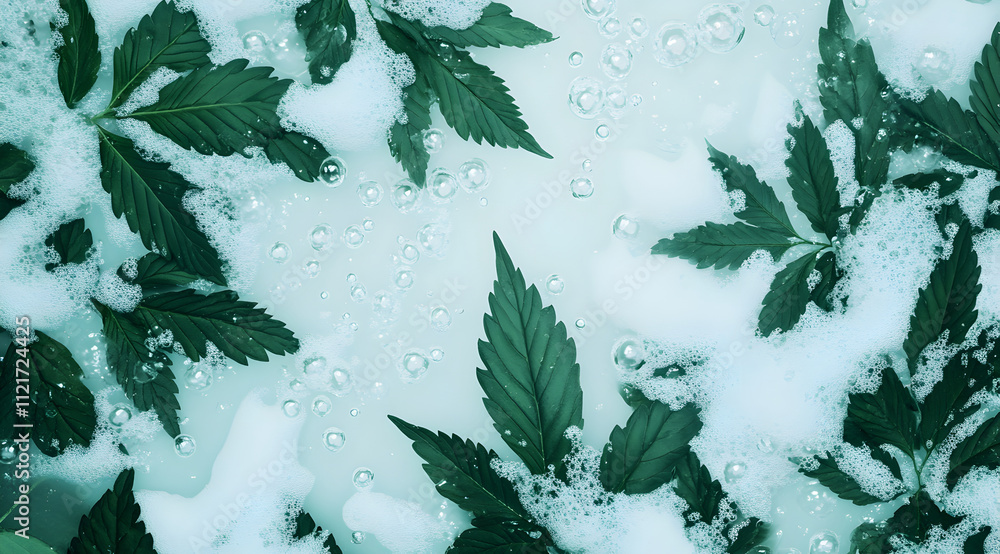 Poster fresh green leaves submerged in bubbles, creating a tranquil and refreshing atmosphere.