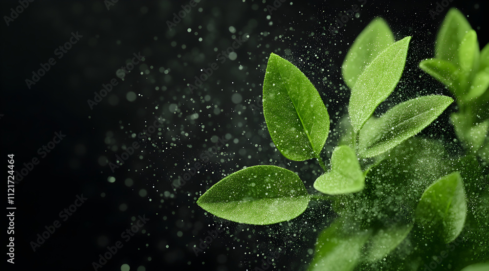 Poster lush green leaves glimmering with moisture, surrounded by a gentle mist, creating a serene and refre