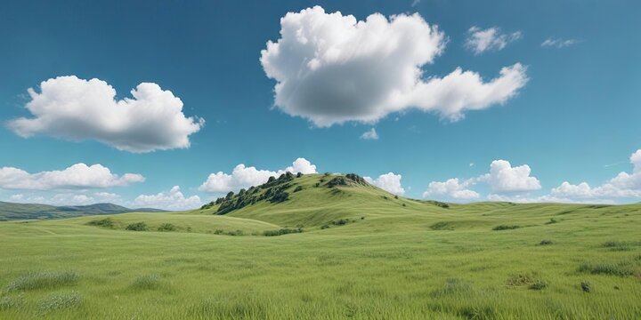 Clear blue sky with a few white clouds and a light green hill in the background , rolling hills, serene landscape, nature backdrop