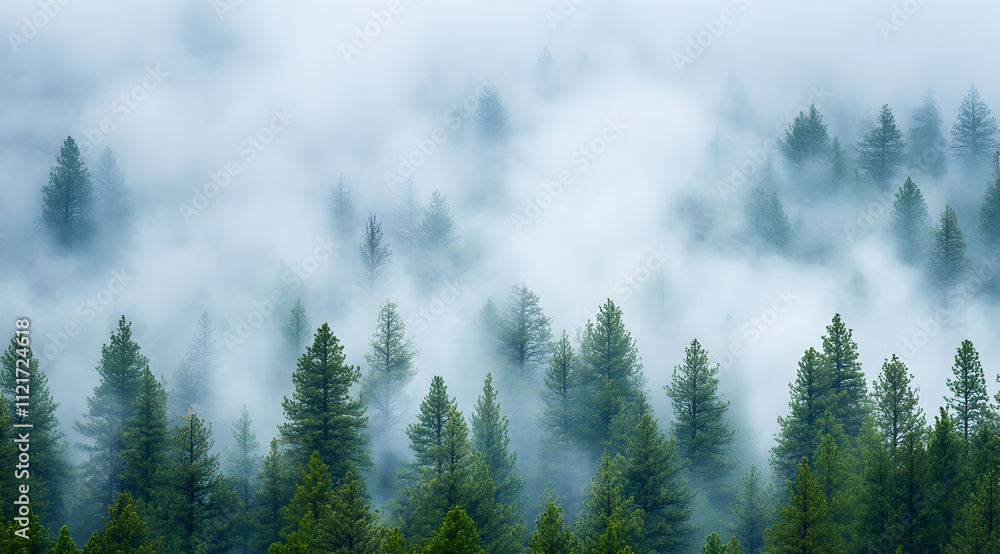 Poster a serene landscape of evergreen trees enveloped in mist, creating a tranquil and mysterious atmosphe