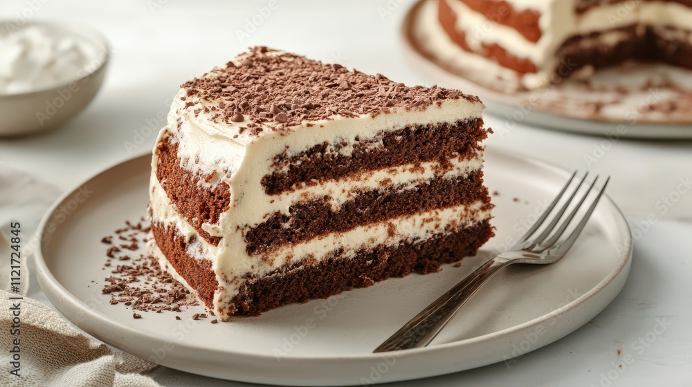 Poster a slice of indulgent chocolate cake with layers visible, a fork placed neatly on the side, sitting o