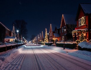 Fototapeta premium Festive Decorations on a Snowy Neighborhood Lane