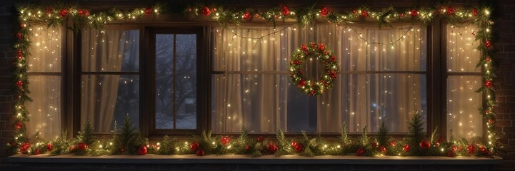 decorated festive window with garland and lights, decorated, garland