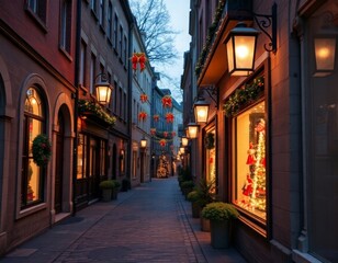 Fototapeta premium Christmas Lights Illuminating a Quaint Alley