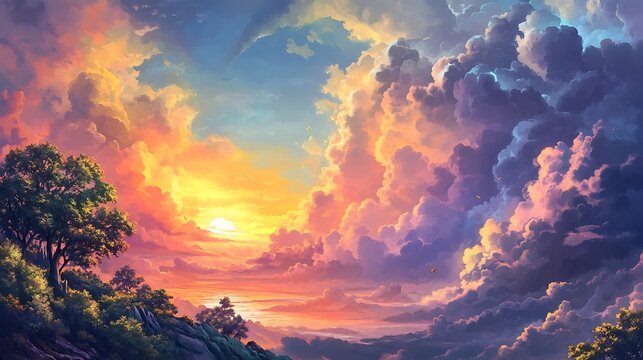 Serene sunset over a landscape of rolling hills and fluffy clouds.