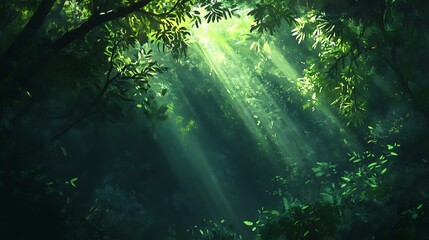 Sunbeams pierce through a dense, lush forest canopy, illuminating the deep green undergrowth.