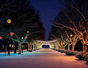 Fototapeta premium Holiday Lanterns Light Up a Snowy Road