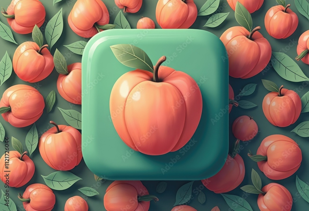 Poster a single peach on a green square surrounded by peaches and leaves