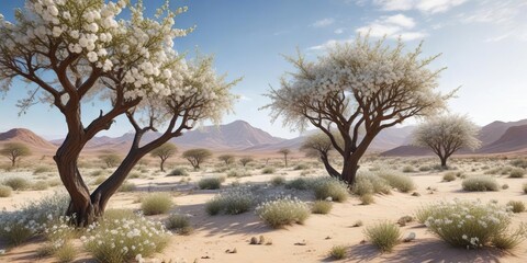 Desert landscape with Acacia trees in full white blossom bloom , blossom, spring