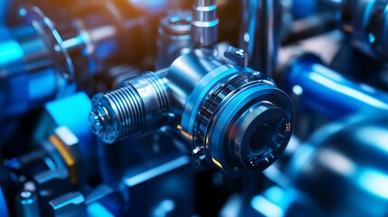 Fototapeta premium High-Precision Fuel Injector Close-Up - A striking close-up of a high-tech fuel injector showcasing intricate engineering and design elements in a modern automotive environment.