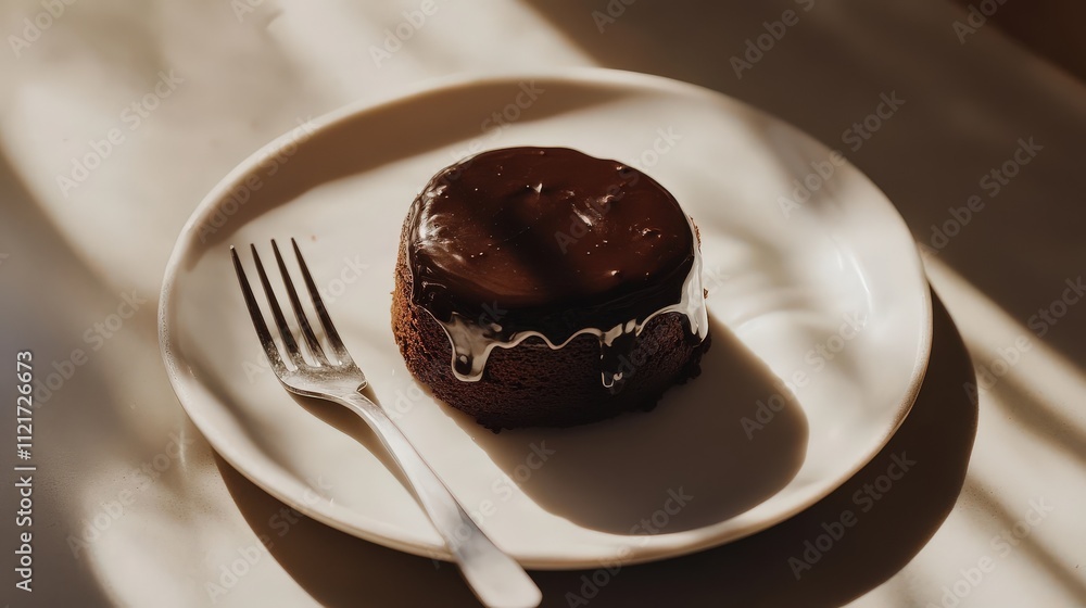 Poster rich chocolate cake on a white plate with a shiny ganache topping and a fork resting on the side, ca