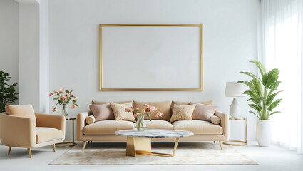 White minimalist interior living room with leather sofa and accessories in the room.