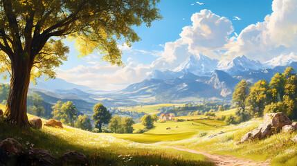 Fototapeta premium A beautiful day in the countryside. Arcadia. Illustration