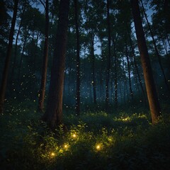A forest at dusk with fireflies dancing around.