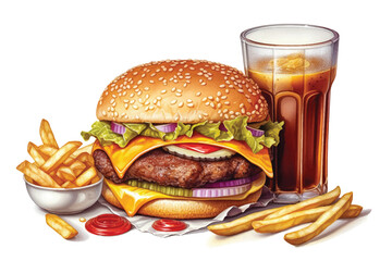 Fastfood set, hamburger, french fies, cola, hand drawn watercolor illustration isolated on white