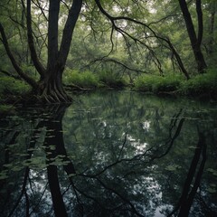 Obraz premium A quiet forest pond reflecting the branches above.