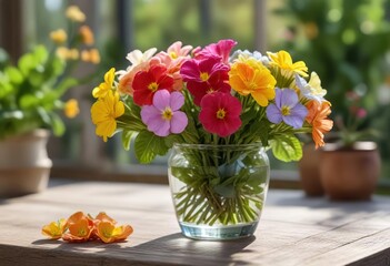 Fresh colorful primroses in a simple glass vase on a garden table, arrangement, hues, glass