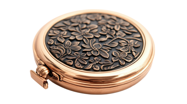 Elegant vintage compact mirror with floral design. transparent background