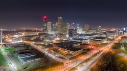 Obraz premium A nighttime cityscape featuring illuminated buildings and traffic in an urban environment.