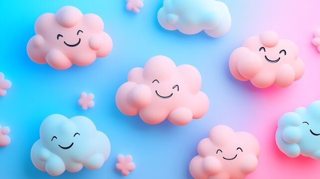 Happy clouds float on a pastel sky. Cute, cheerful, and whimsical.