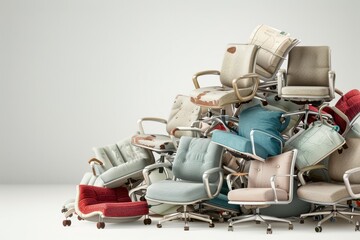 Naklejka premium A cluttered pile of various office chairs, showcasing different styles and conditions, This image can be used for topics like workplace organization, furniture recycling