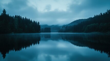 Fototapeta premium Serene lake reflects misty, forested hills.
