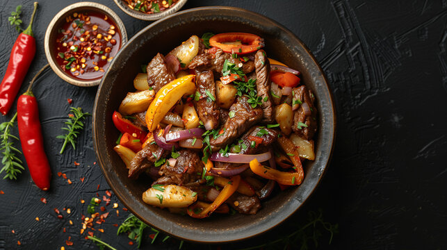 Beef saltado stir-fry with colorful peppers and onions in a dark bowl with sauces on the side