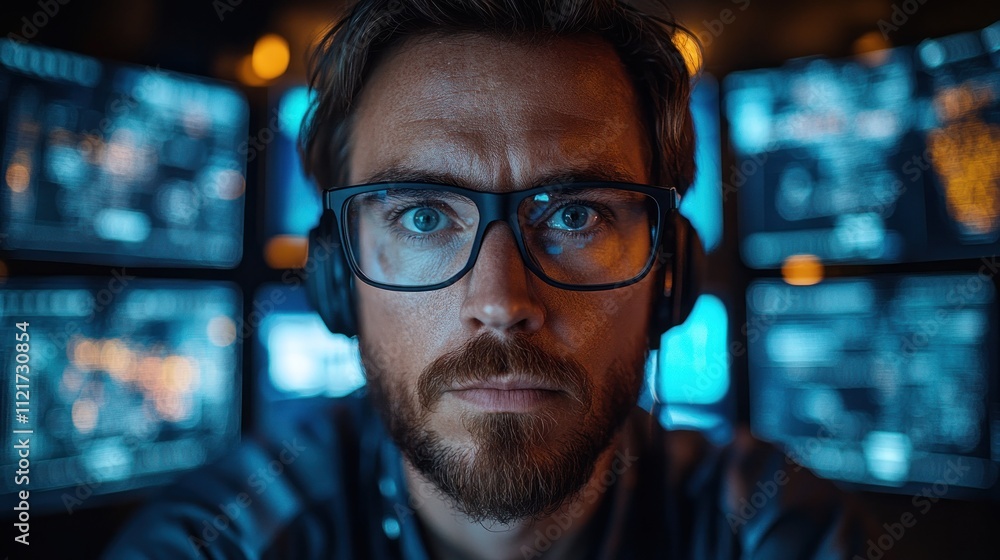 Poster focused individual in front of multiple screens
